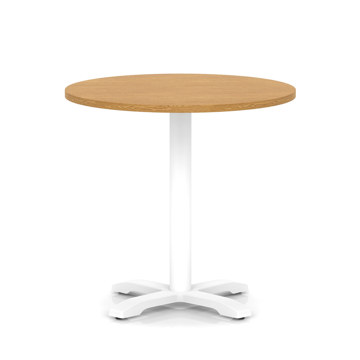Round table with wood-effect top and white base on a white background