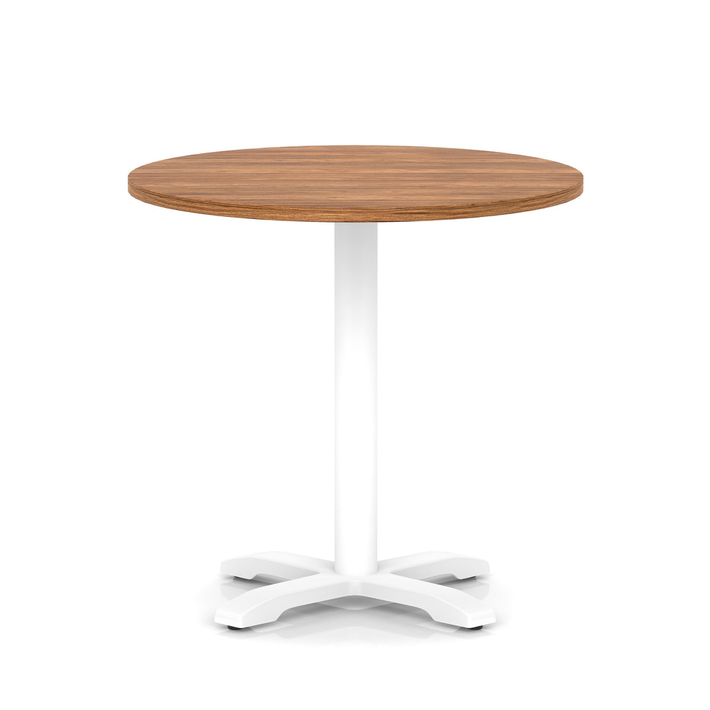 Round table with wood-effect top and white base on a white background