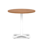 Round table with wood-effect top and white base on a white background