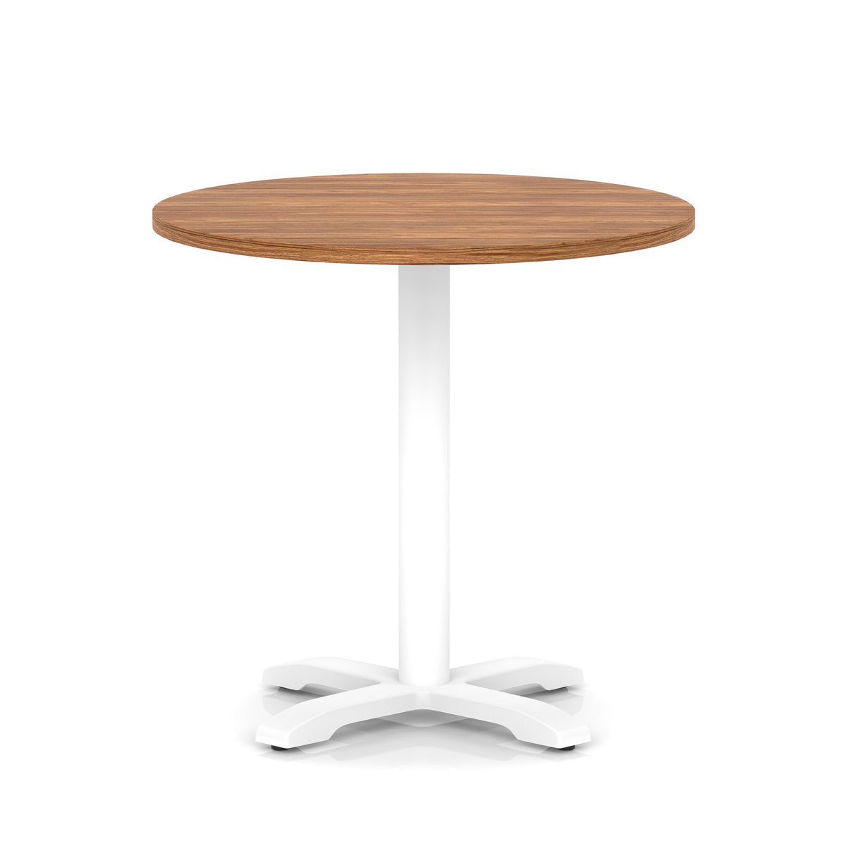 Round table with wood-effect top and white base on a white background