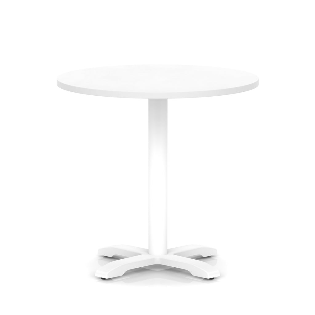 White round table with metal base on a white background
