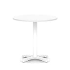 White round table with metal base on a white background