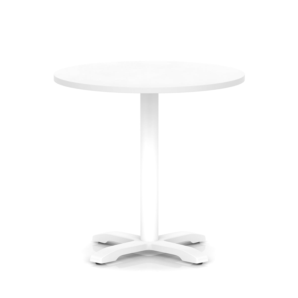 White round table with metal base on a white background