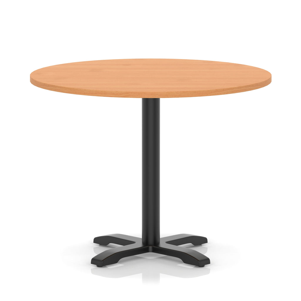 Round table with a grey wood-effect top and black base on a white background