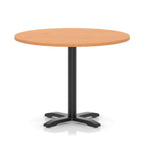 Round table with a grey wood-effect top and black base on a white background