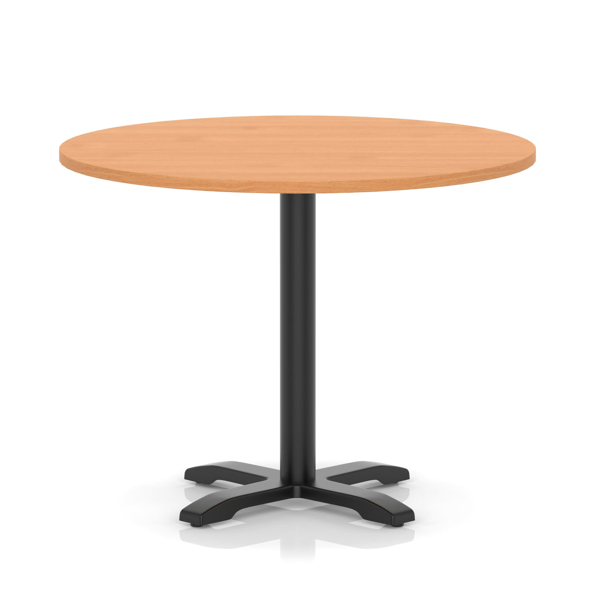Round table with a grey wood-effect top and black base on a white background