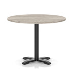 Round table with a grey wood-effect top and black base on a white background