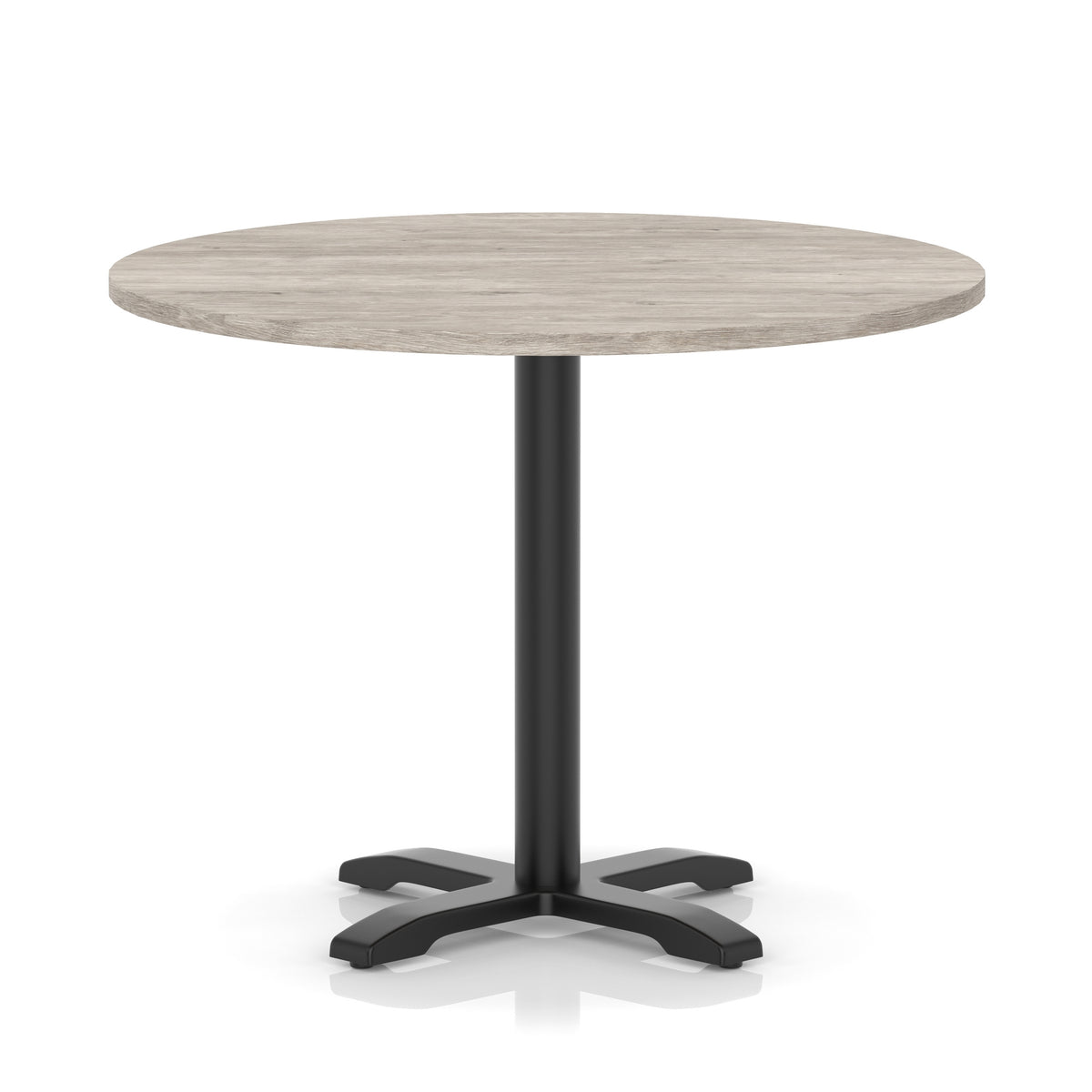 Round table with a grey wood-effect top and black base on a white background