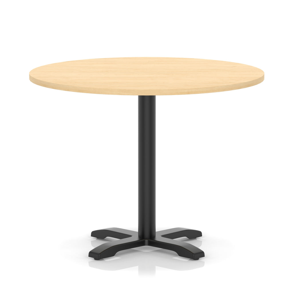 Round table with a wood-effect top and black base on a white background