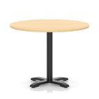 Round table with a wood-effect top and black base on a white background