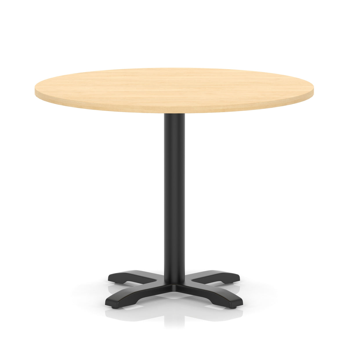Round table with a wood-effect top and black base on a white background