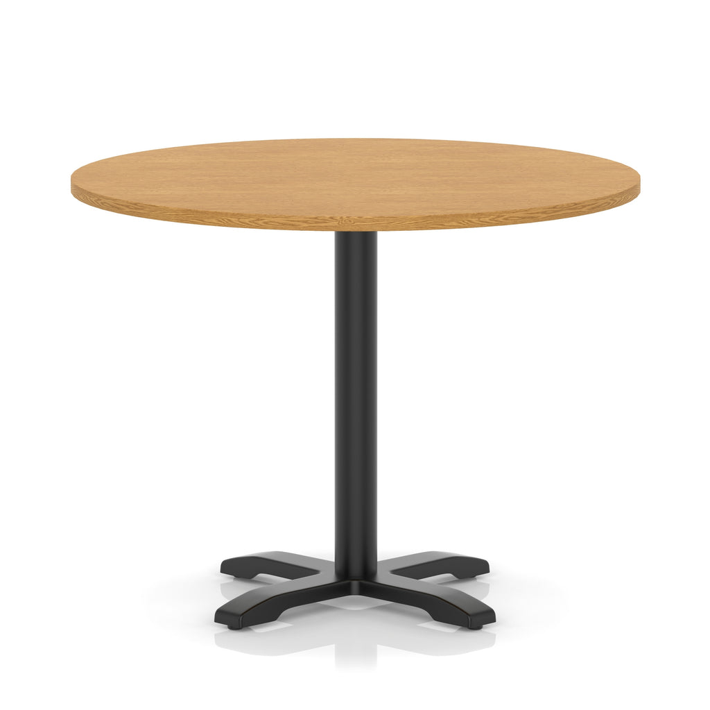 Round table with a wood-effect top and black base on a white background