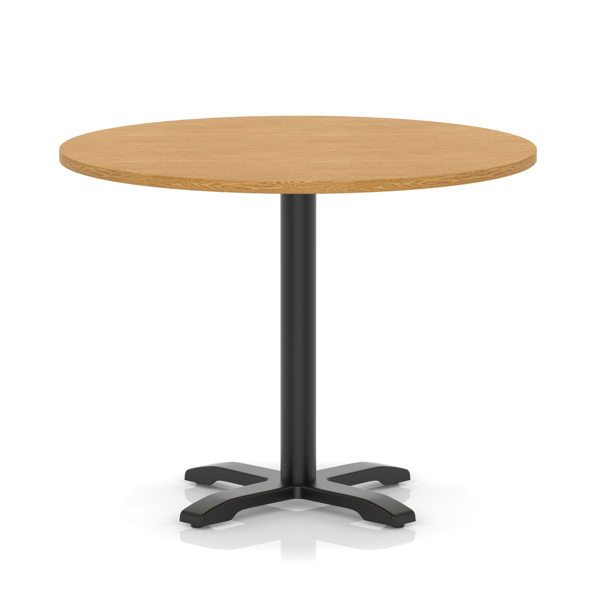 Round table with a wood-effect top and black base on a white background