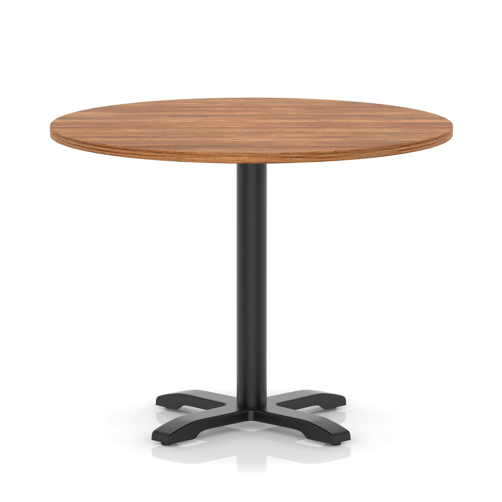 Round table with a wood-effect top and black base on a white background
