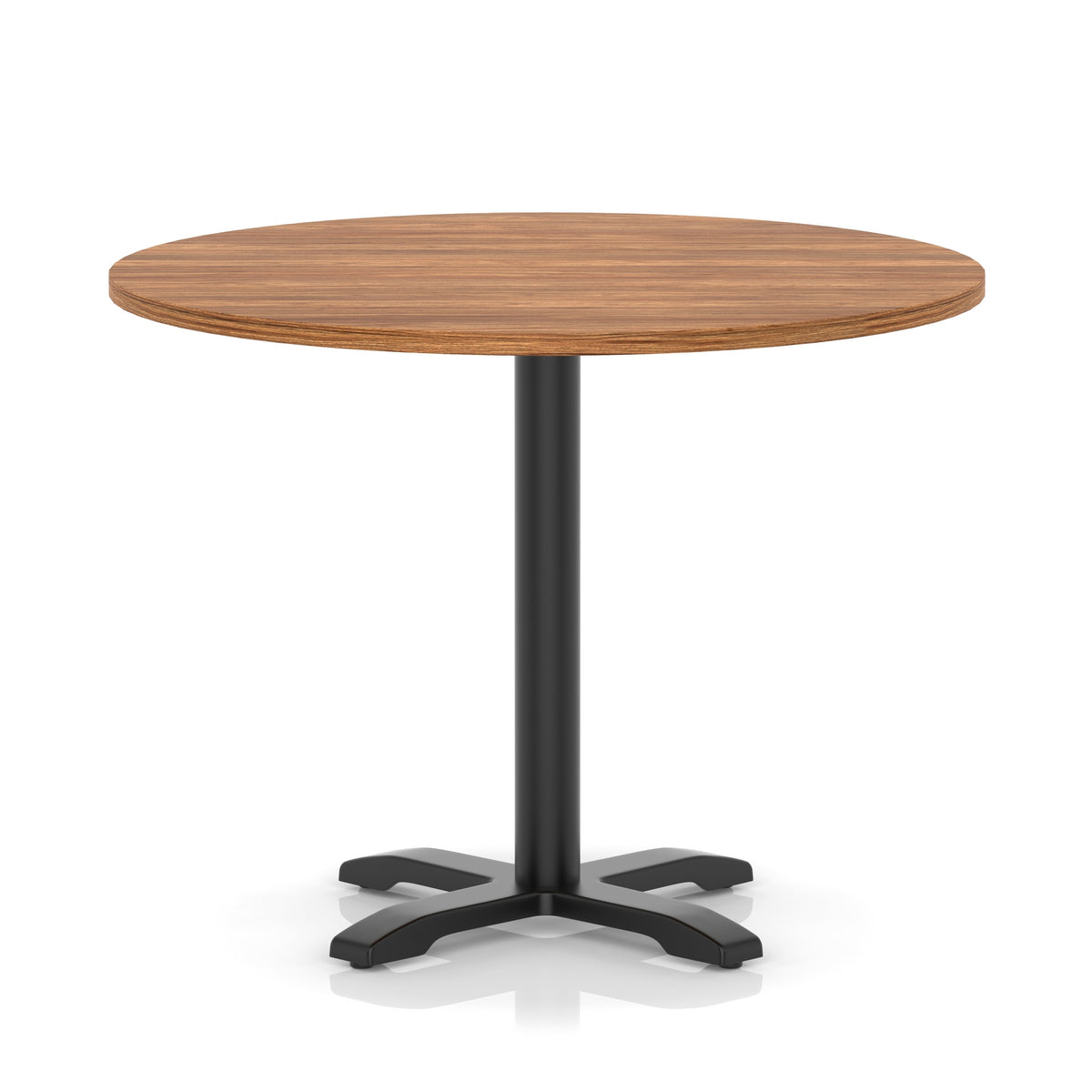 Round table with a wood-effect top and black base on a white background