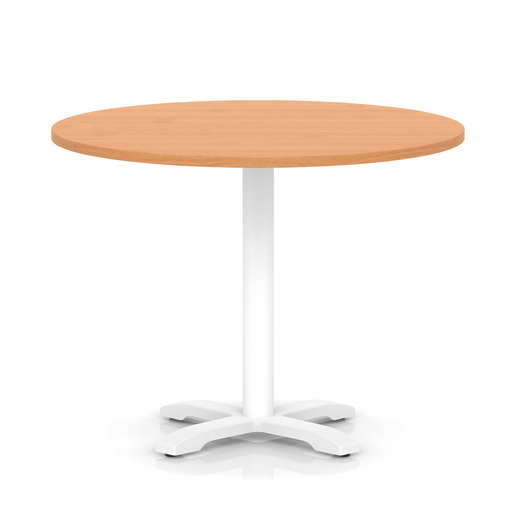Round table with grey wood-effect top and white base on a white background