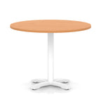 Round table with grey wood-effect top and white base on a white background