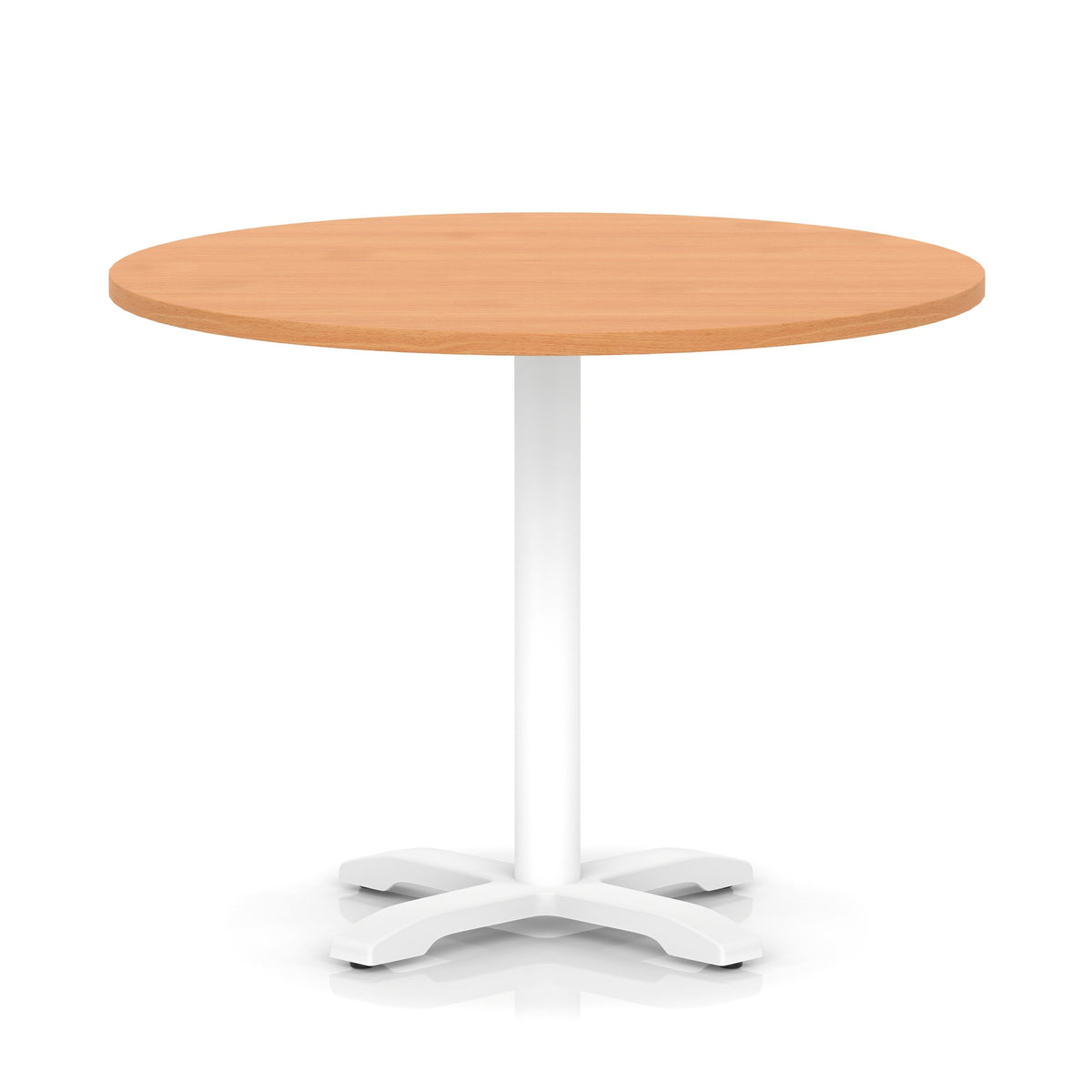 Round table with grey wood-effect top and white base on a white background