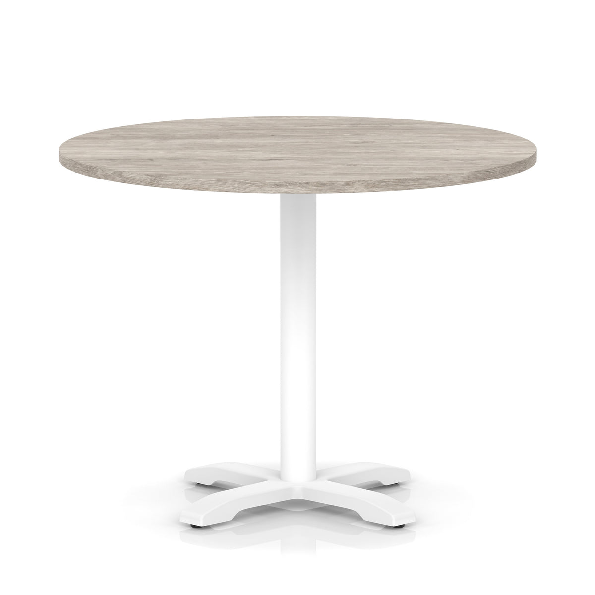 Round table with grey wood-effect top and white base on a white background