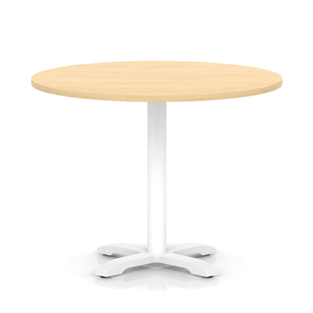 Round table with wood-effect top and white base on a white background