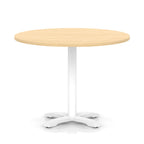 Round table with wood-effect top and white base on a white background
