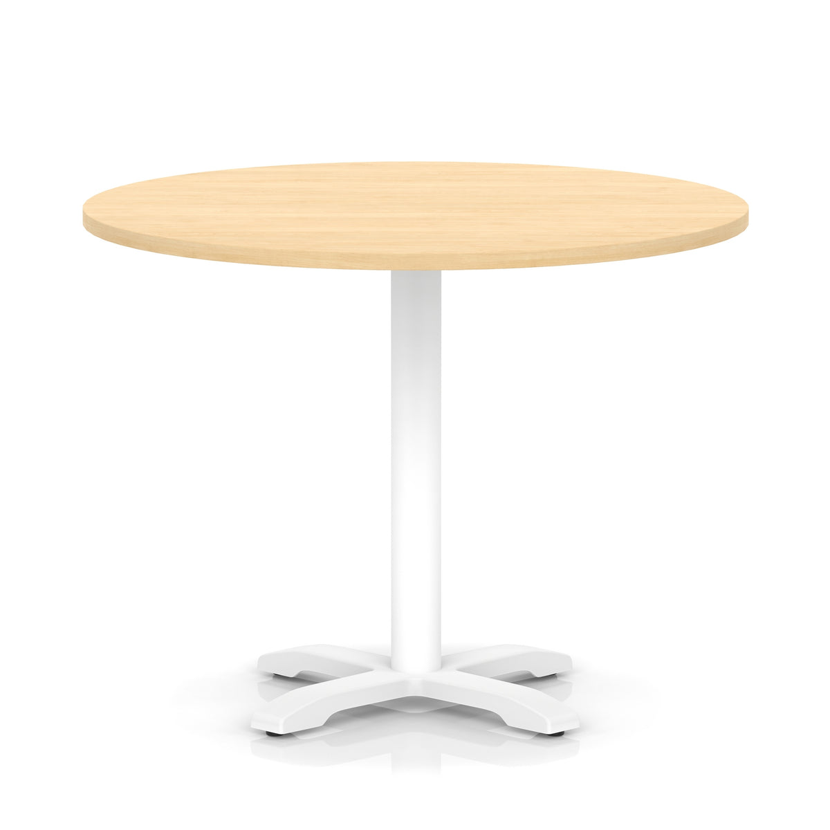 Round table with wood-effect top and white base on a white background