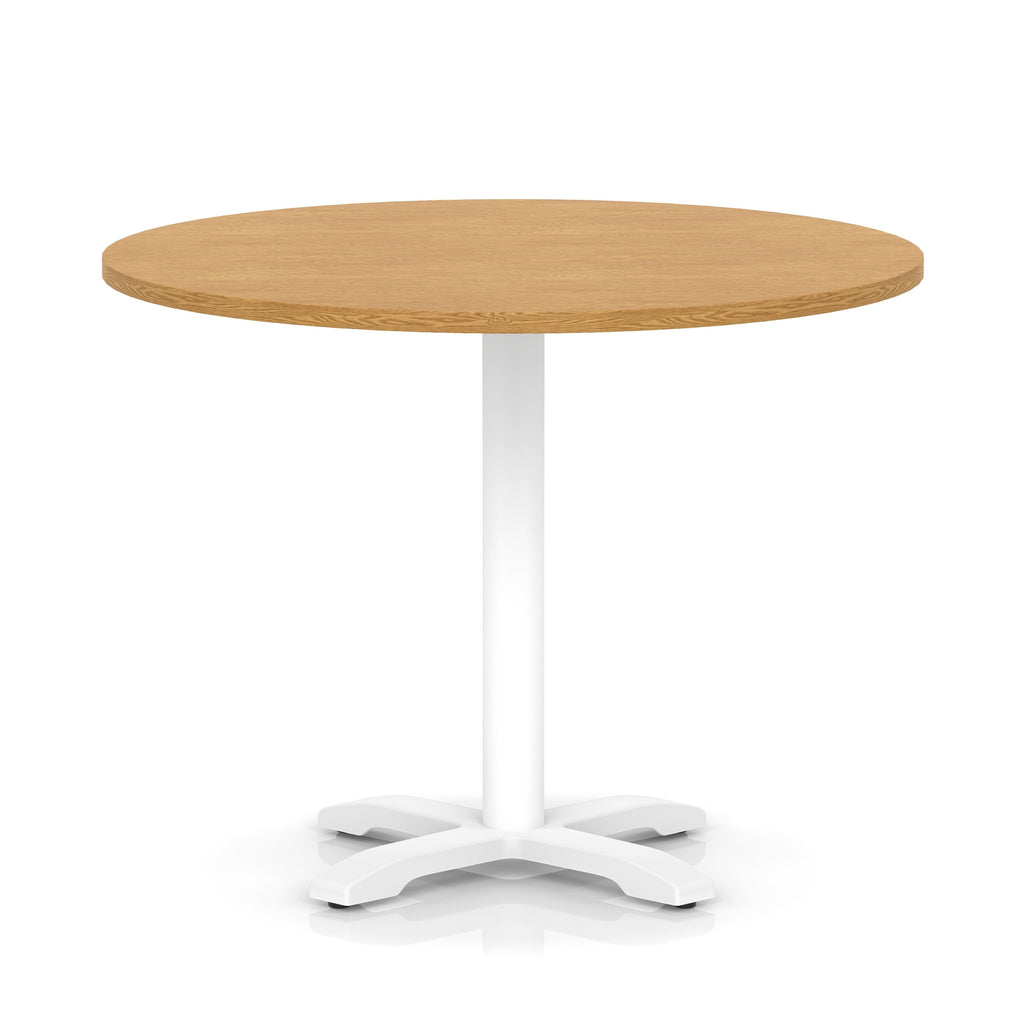 Round table with wood-effect top and white base on a white background