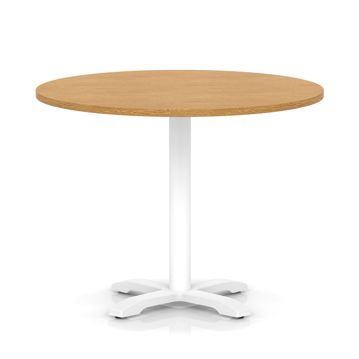 Round table with wood-effect top and white base on a white background