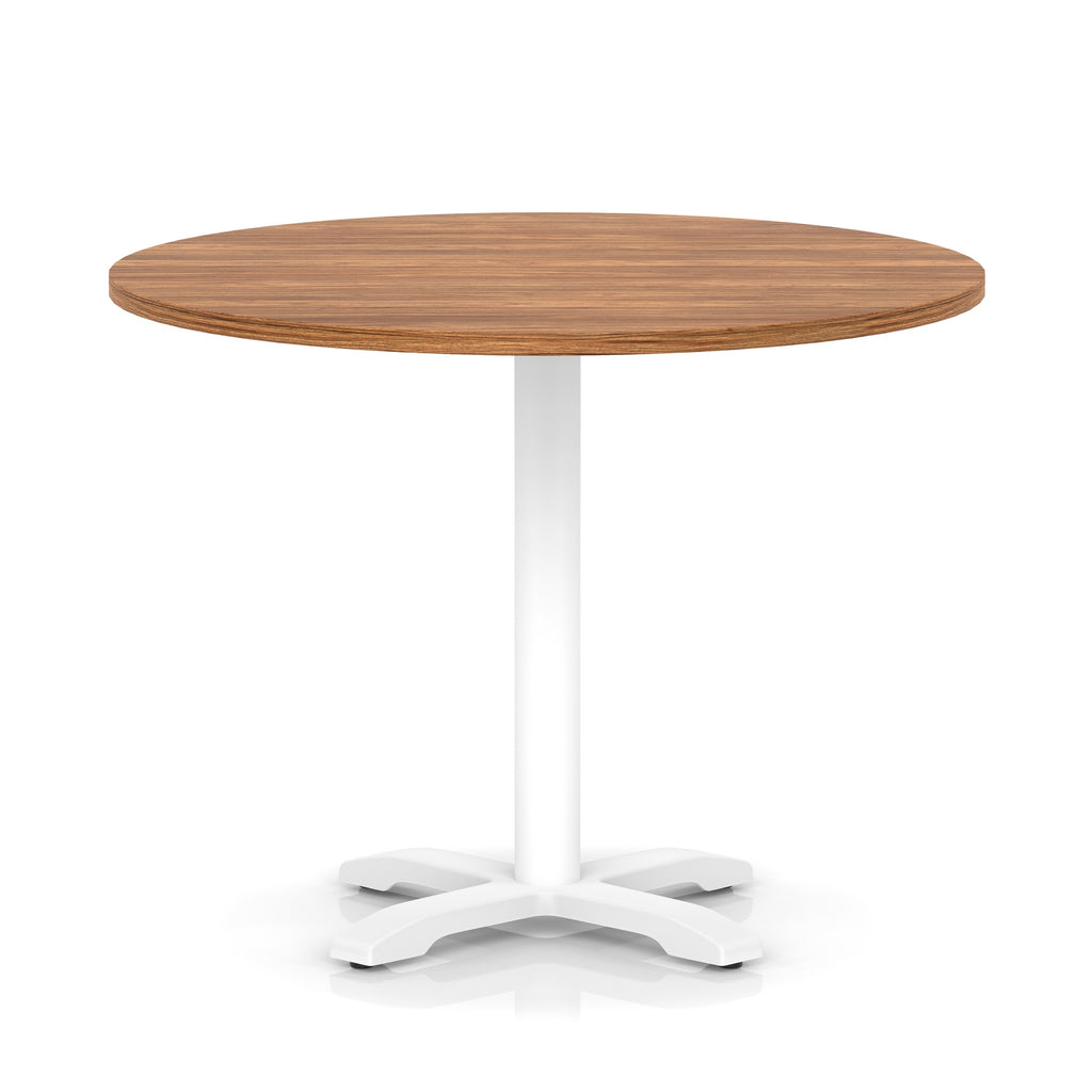 Round table with wood-effect top and white base on a white background