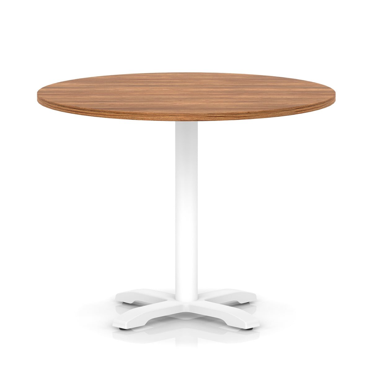 Round table with wood-effect top and white base on a white background