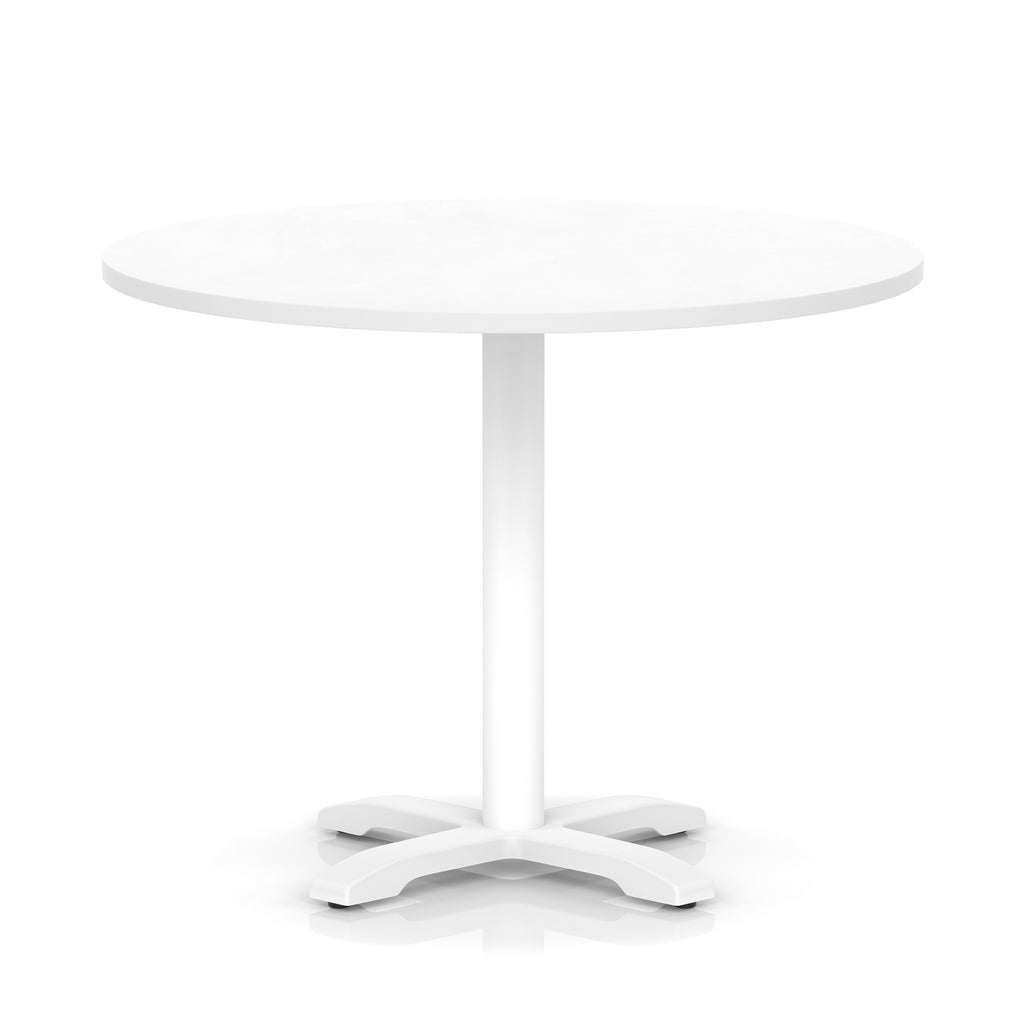 White round table with metal base on a white background