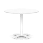 White round table with metal base on a white background