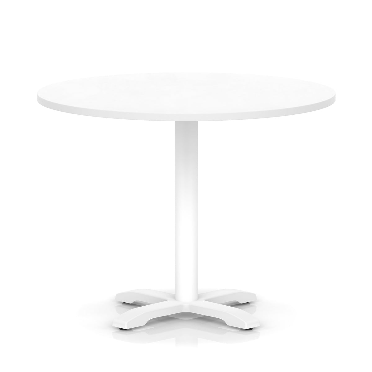 White round table with metal base on a white background