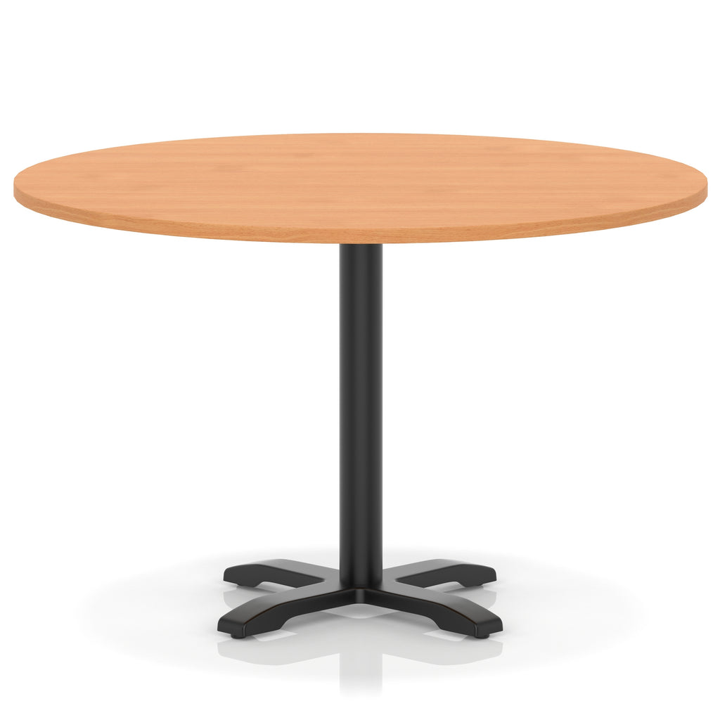 Round table with a grey wood-effect top and black base on a white background