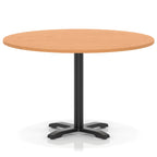 Round table with a grey wood-effect top and black base on a white background
