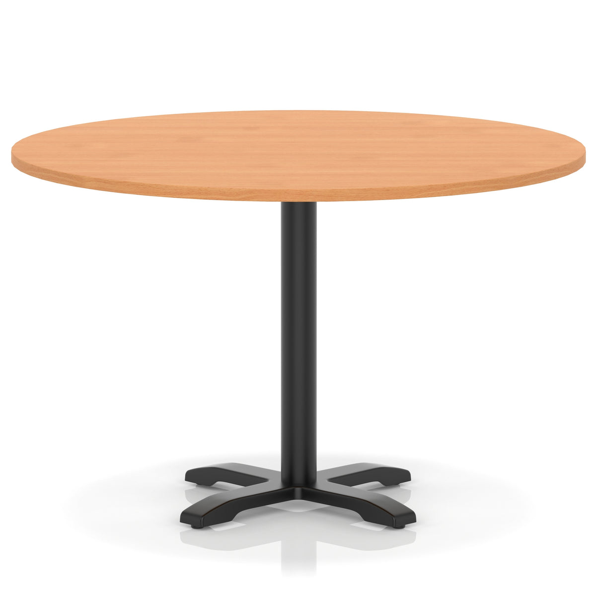 Round table with a grey wood-effect top and black base on a white background