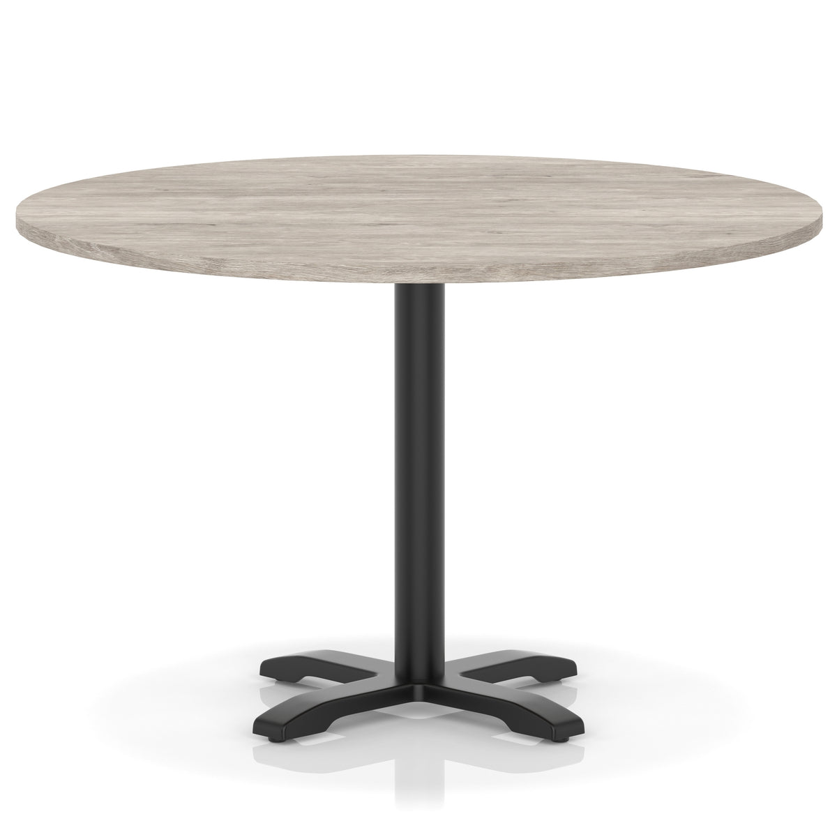 Round table with a grey wood-effect top and black base on a white background