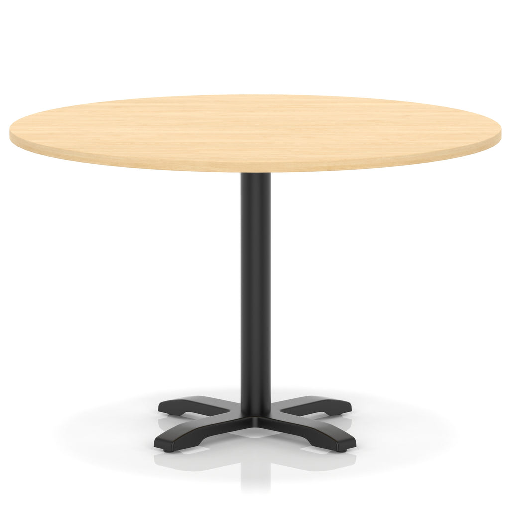 Round table with a wood-effect top and black base on a white background