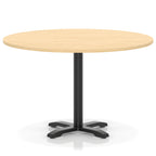 Round table with a wood-effect top and black base on a white background
