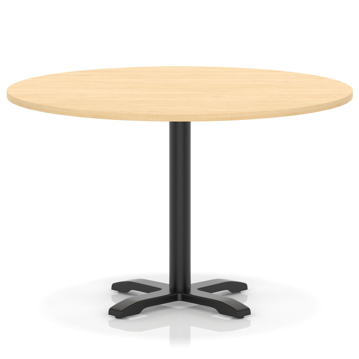 Round table with a wood-effect top and black base on a white background