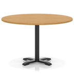 Round table with a wood-effect top and black base on a white background