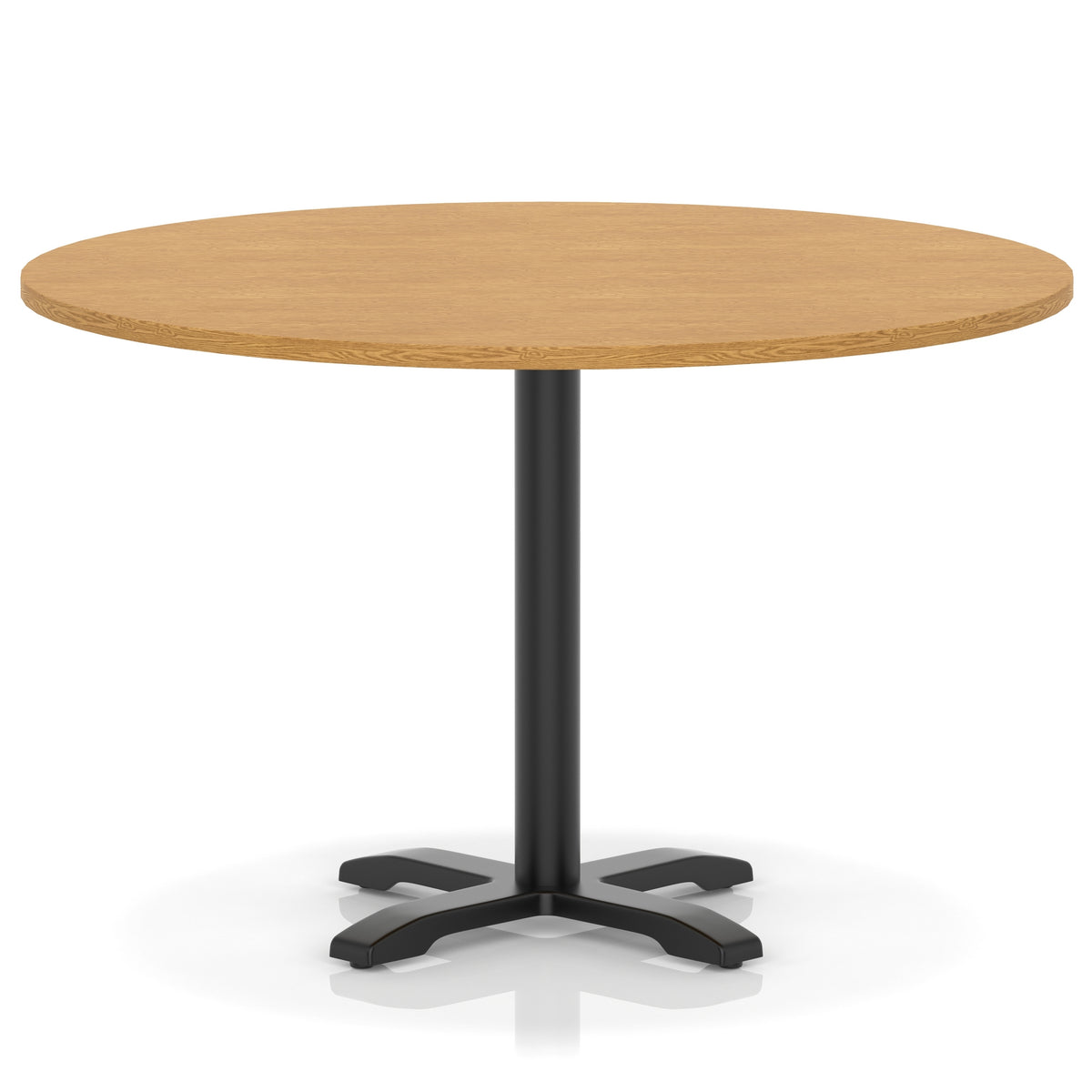 Round table with a wood-effect top and black base on a white background