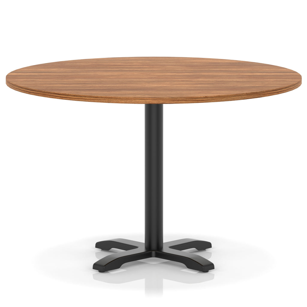 Round table with a wood-effect top and black base on a white background