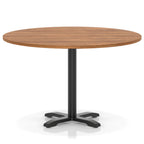 Round table with a wood-effect top and black base on a white background