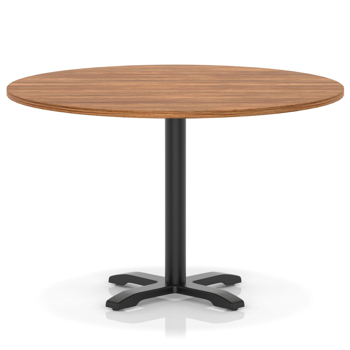 Round table with a wood-effect top and black base on a white background