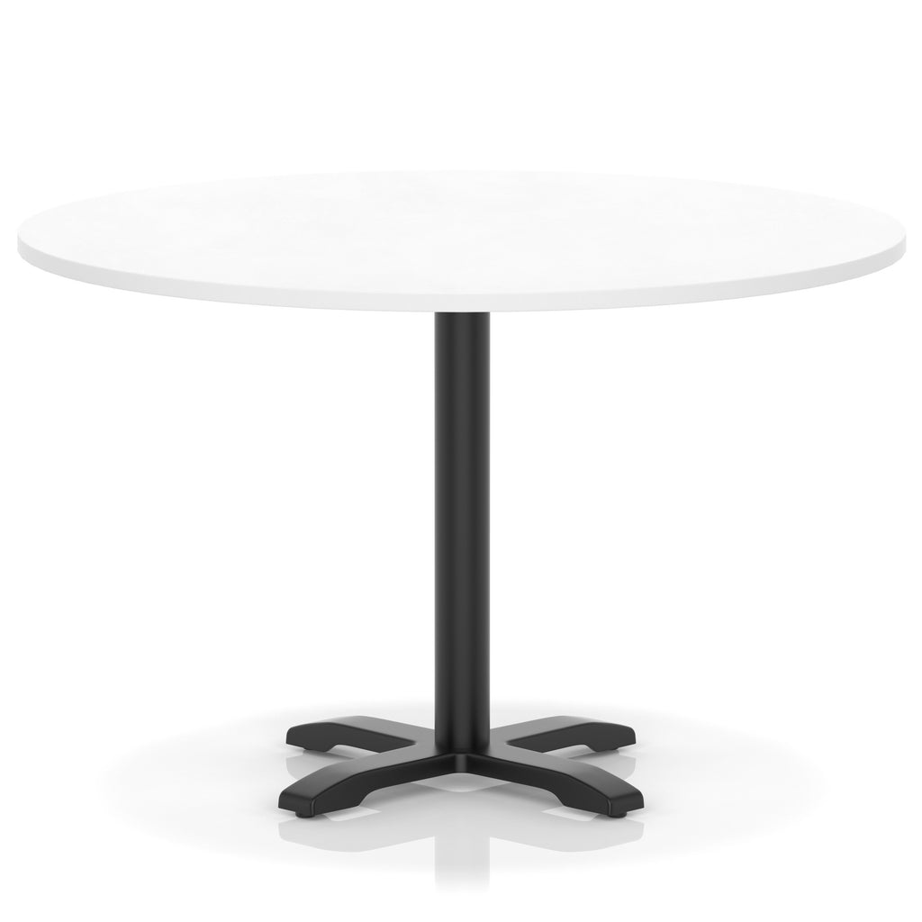 Round table with a white top and black base on a white background