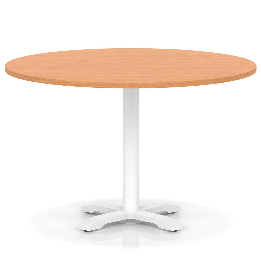 Round table with grey wood-effect top and white base on a white background