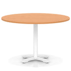 Round table with grey wood-effect top and white base on a white background