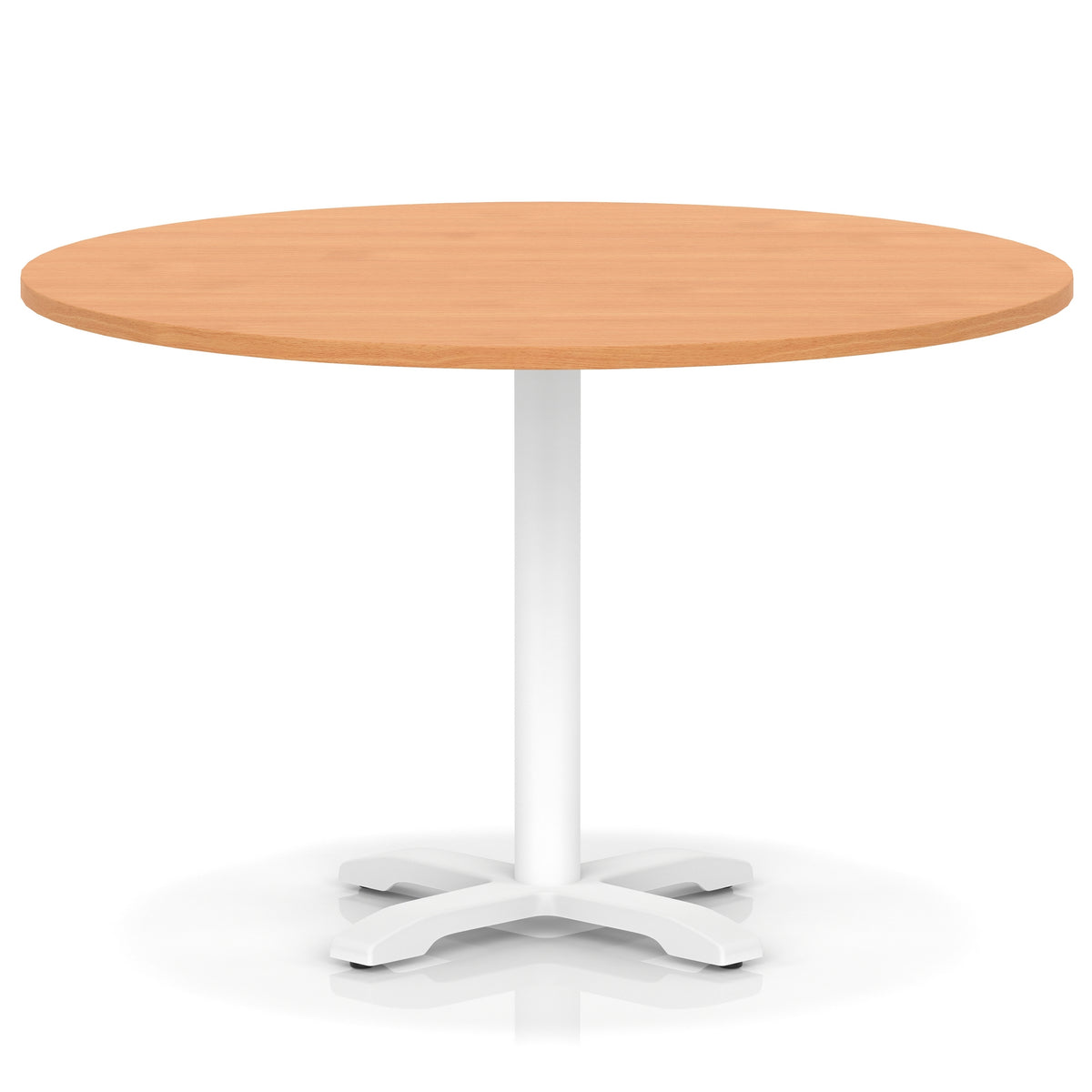 Round table with grey wood-effect top and white base on a white background