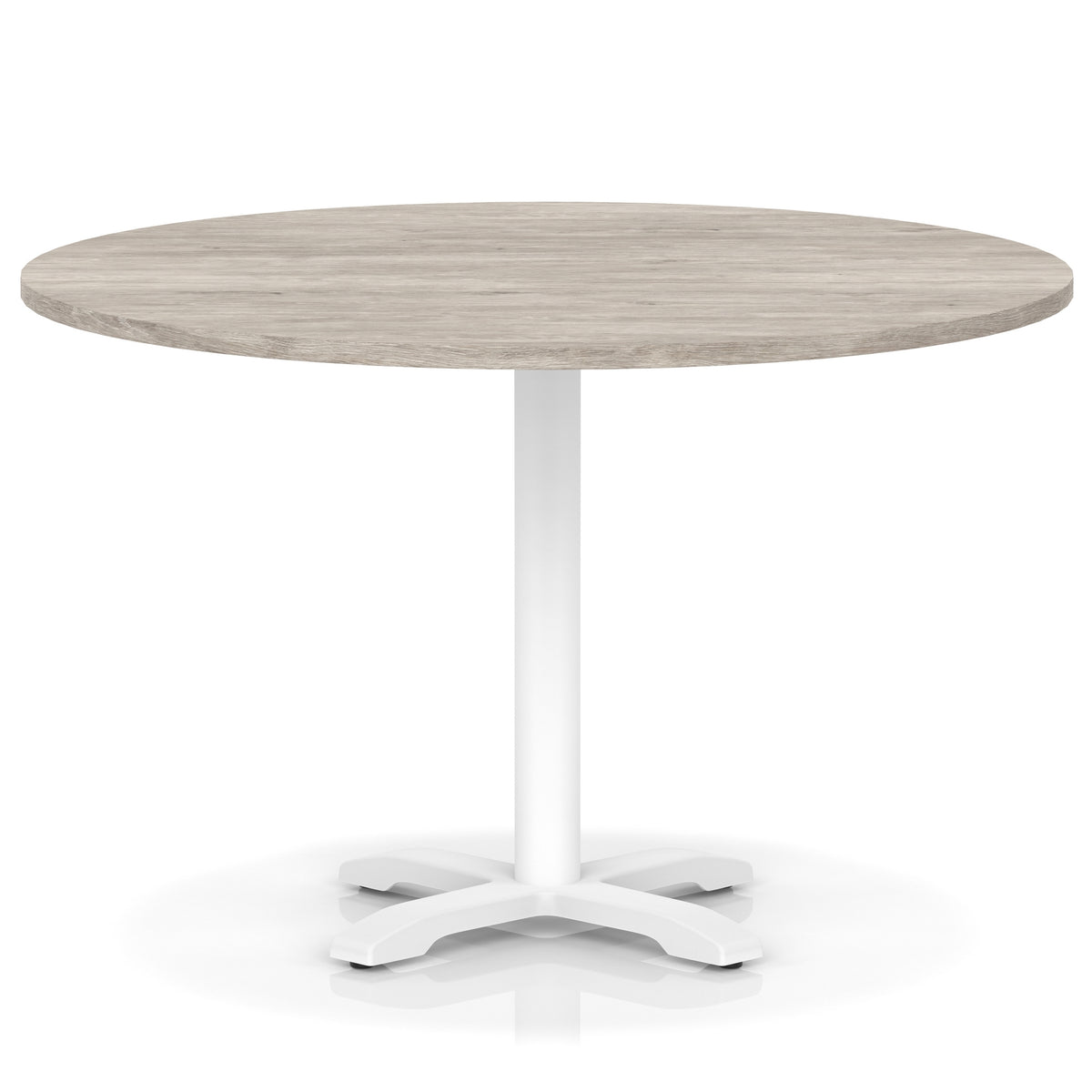 Round table with grey wood-effect top and white base on a white background